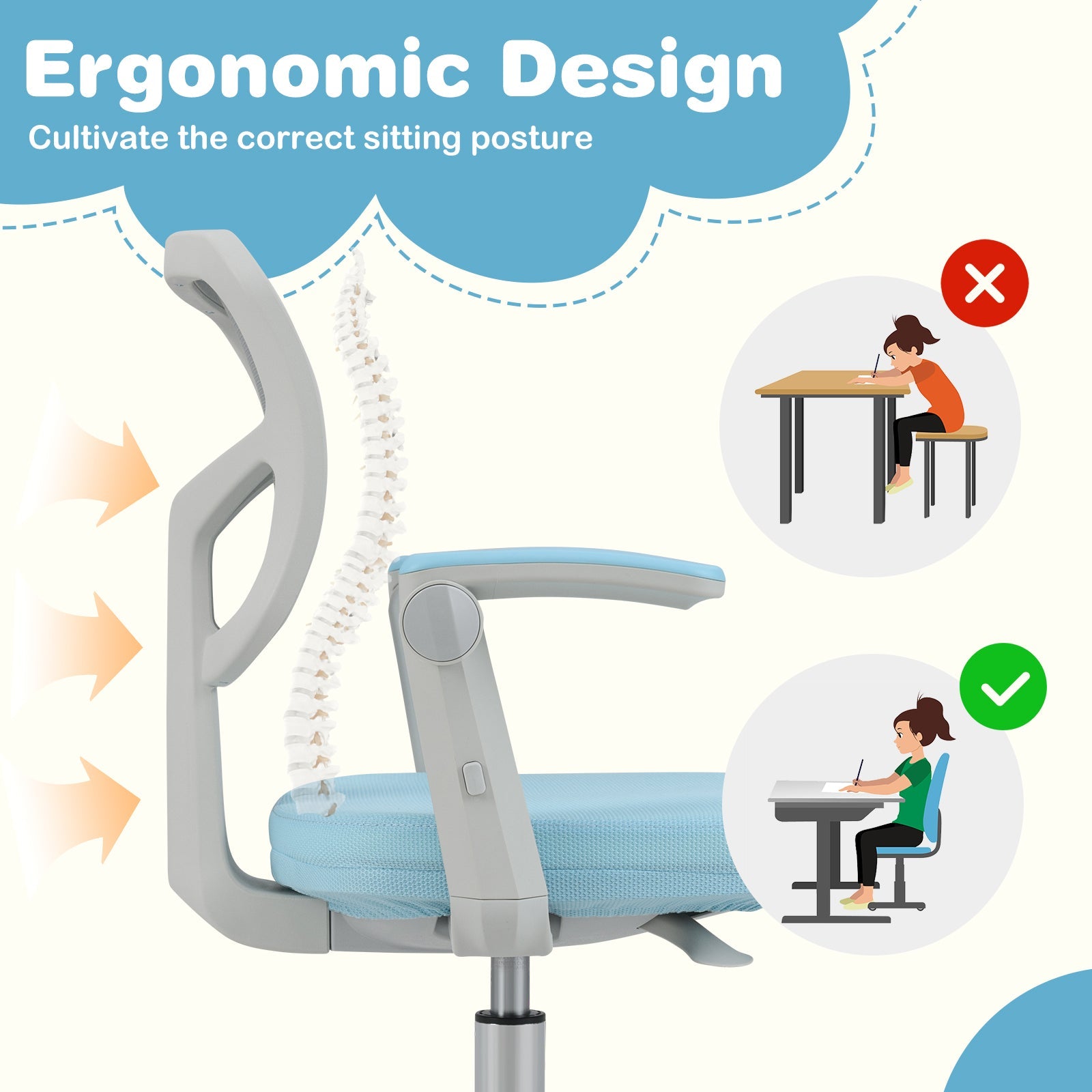 Student Ergonomic Computer Chair w/Adjustable Height, Swivel Rolling Kids Office Chair for 3-15