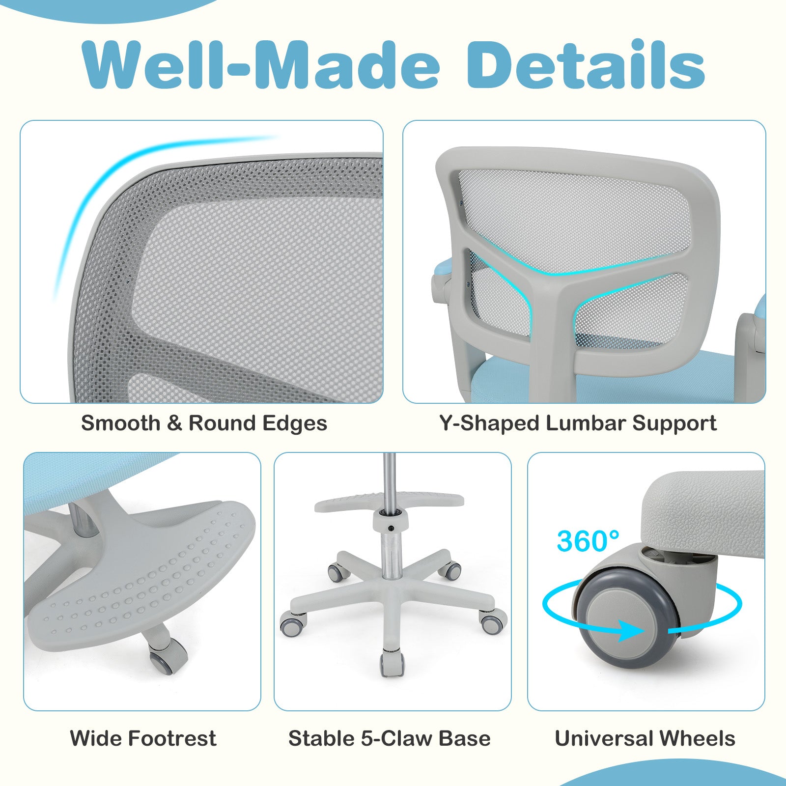 Student Ergonomic Computer Chair w/Adjustable Height, Swivel Rolling Kids Office Chair for 3-15