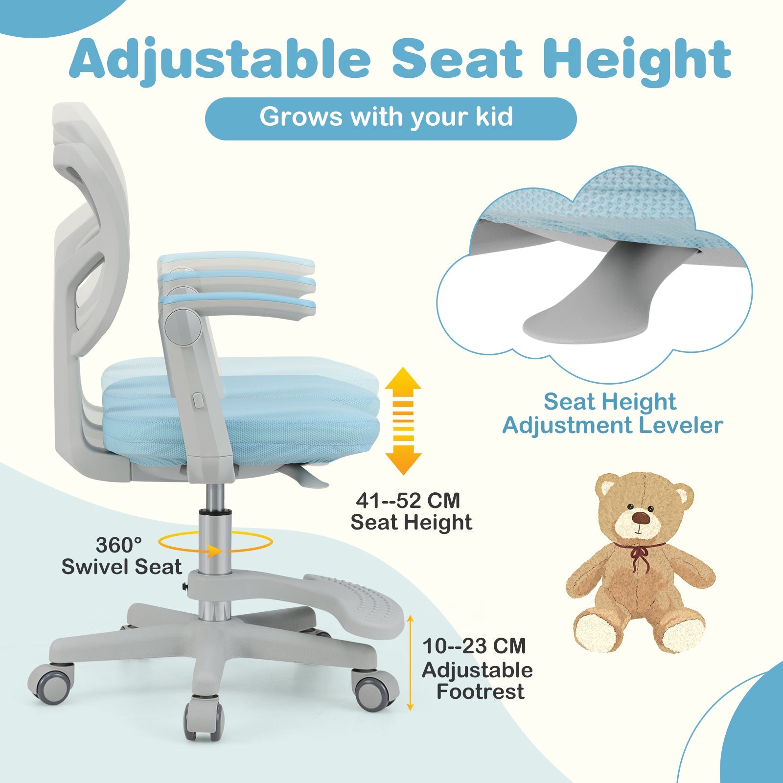 Student Ergonomic Computer Chair w/Adjustable Height, Swivel Rolling Kids Office Chair for 3-15