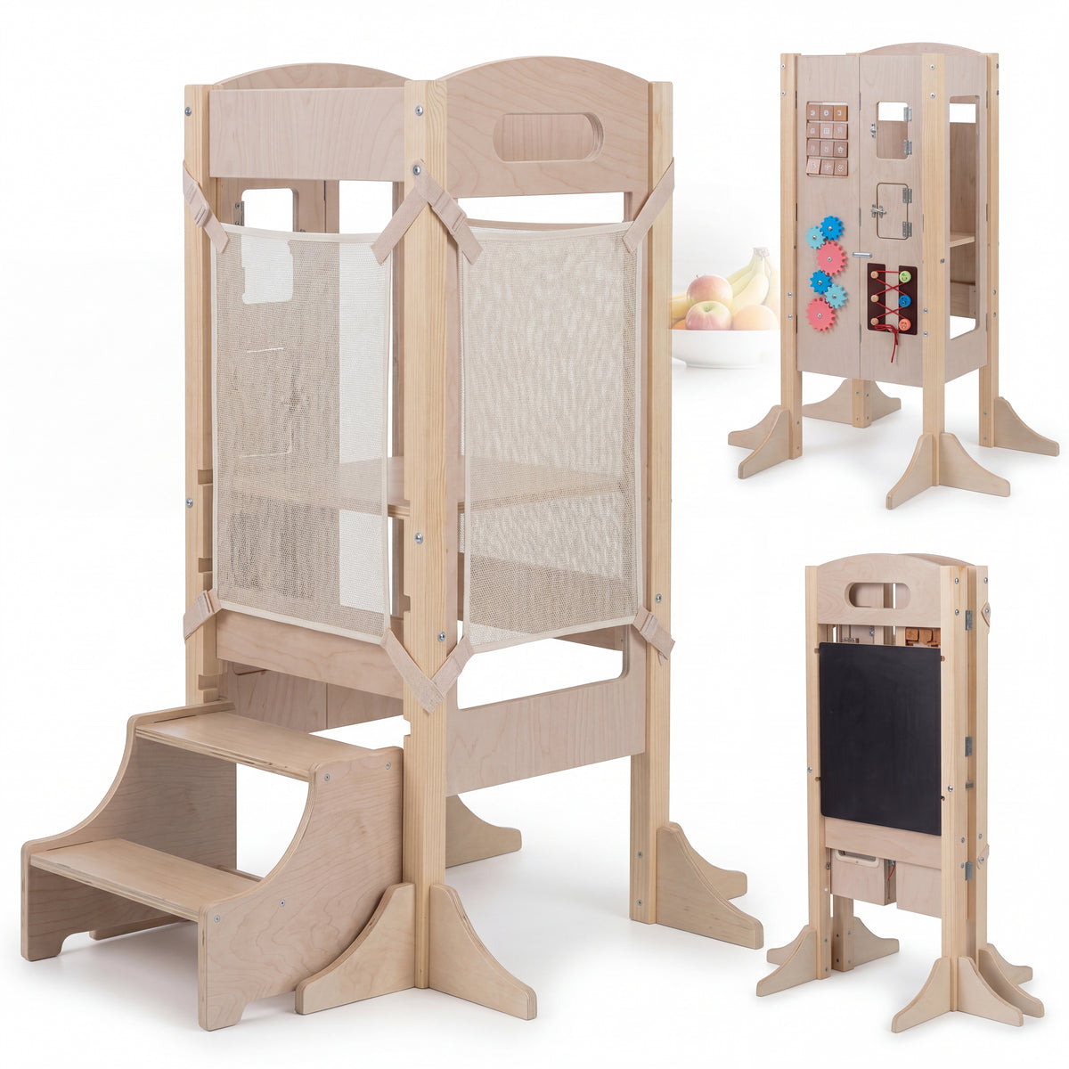 Foldable Learning Tower Toddler Tower, Kitchen Standing Tower with 2-Setp Stool
