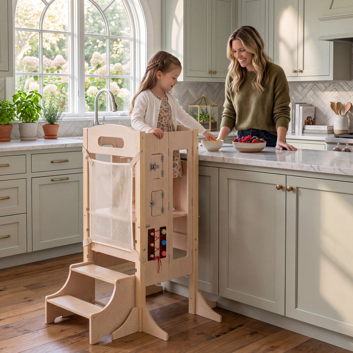 Foldable Learning Tower Toddler Tower, Kitchen Standing Tower with 2-Setp Stool