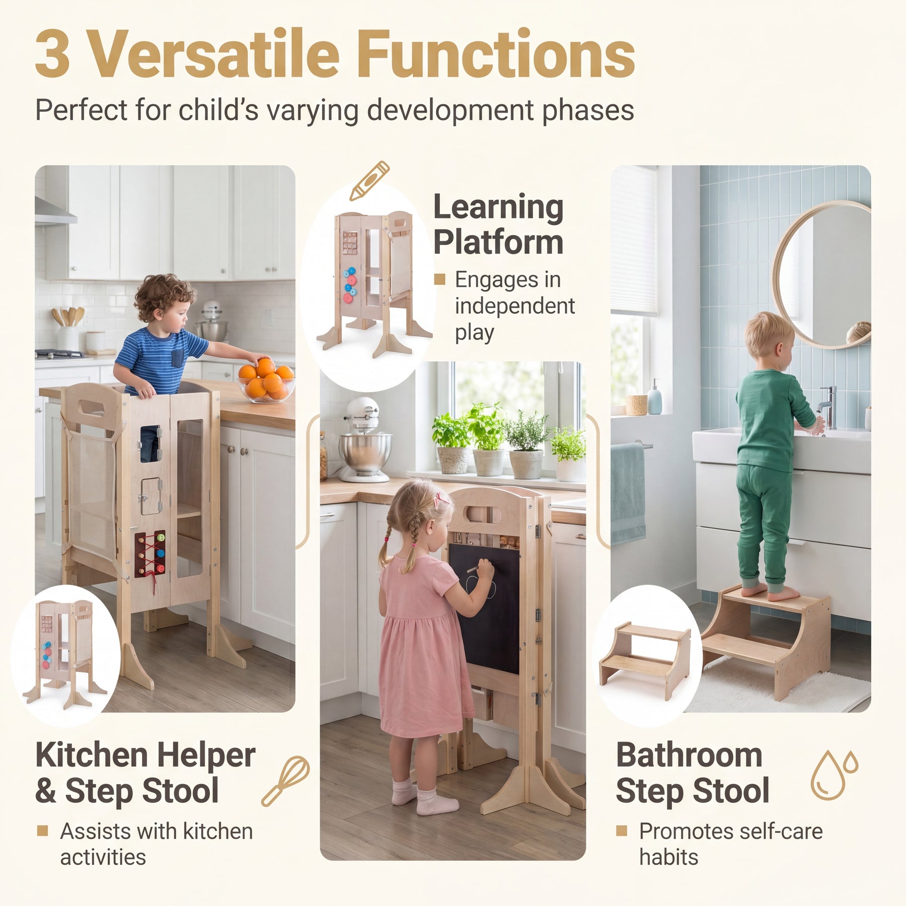 Foldable Learning Tower Toddler Tower, Kitchen Standing Tower with 2-Setp Stool