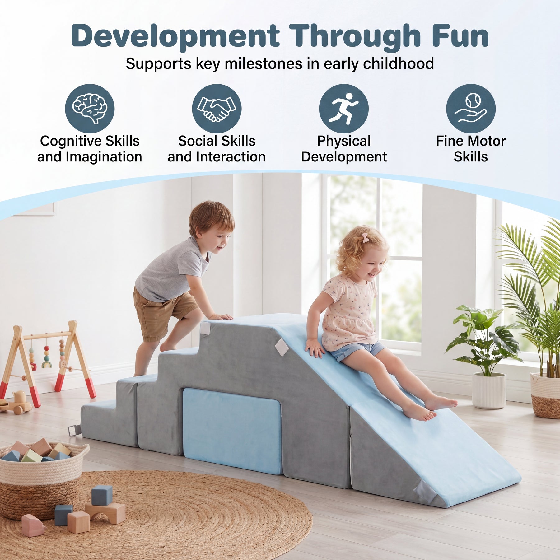 4-in-1 Foam Climbing Blocks, Toddler Indoor Climb & Crawl Soft Play Set with Slide