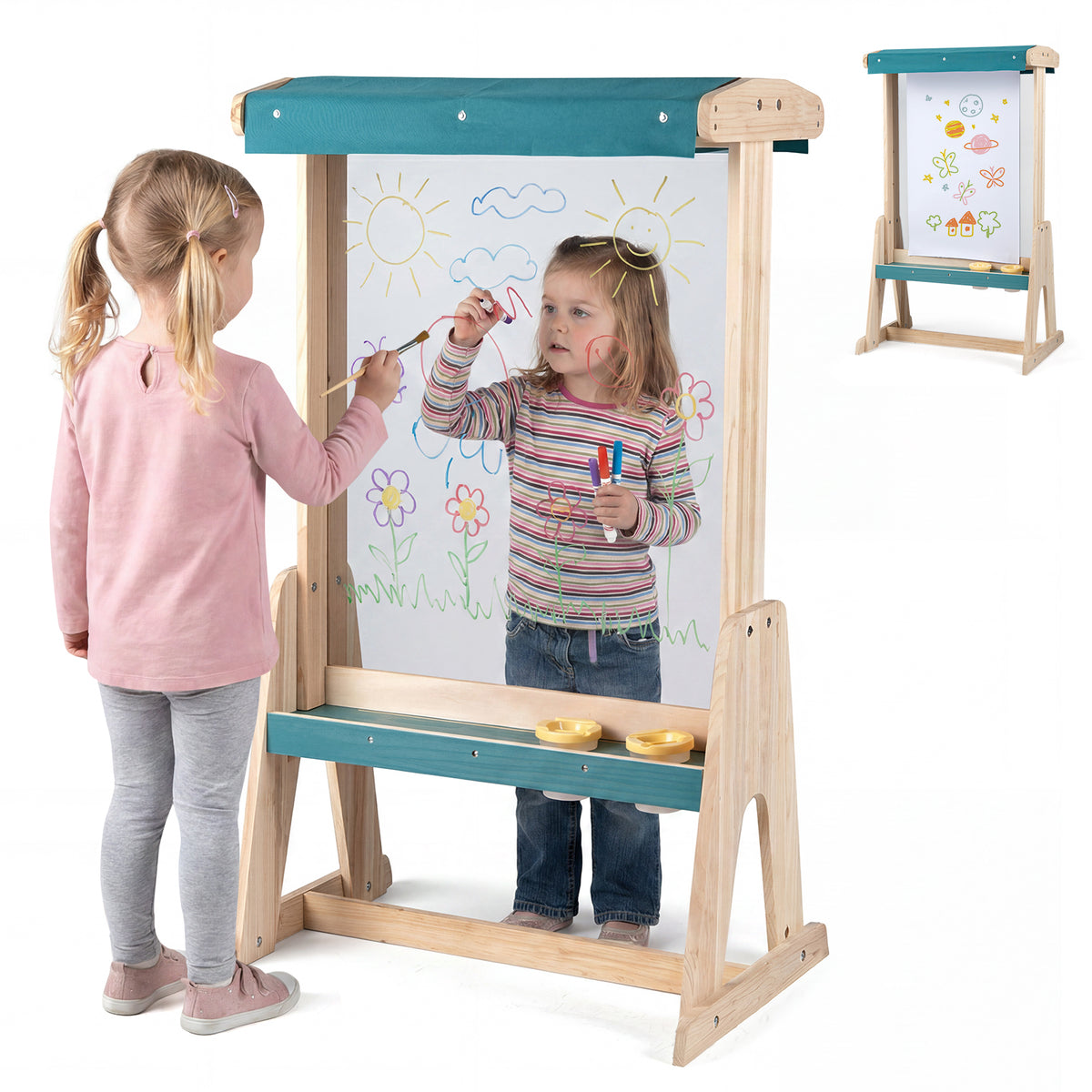 Wooden Art Easel for Kids, Double-sided Kids Easel with Transparent Board & Paper Roll