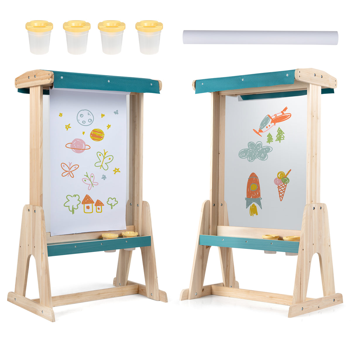 Wooden Art Easel for Kids, Double-sided Kids Easel with Transparent Board & Paper Roll