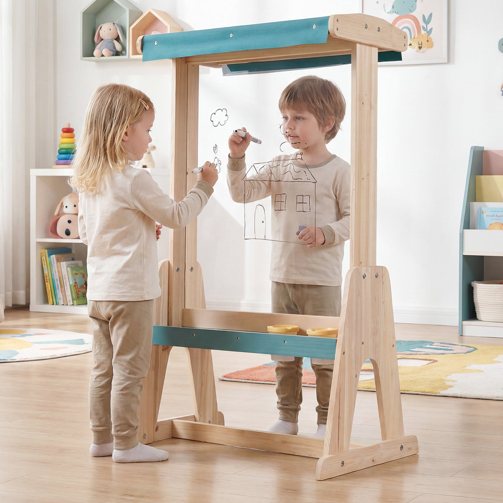 Wooden Art Easel for Kids, Double-sided Kids Easel with Transparent Board & Paper Roll