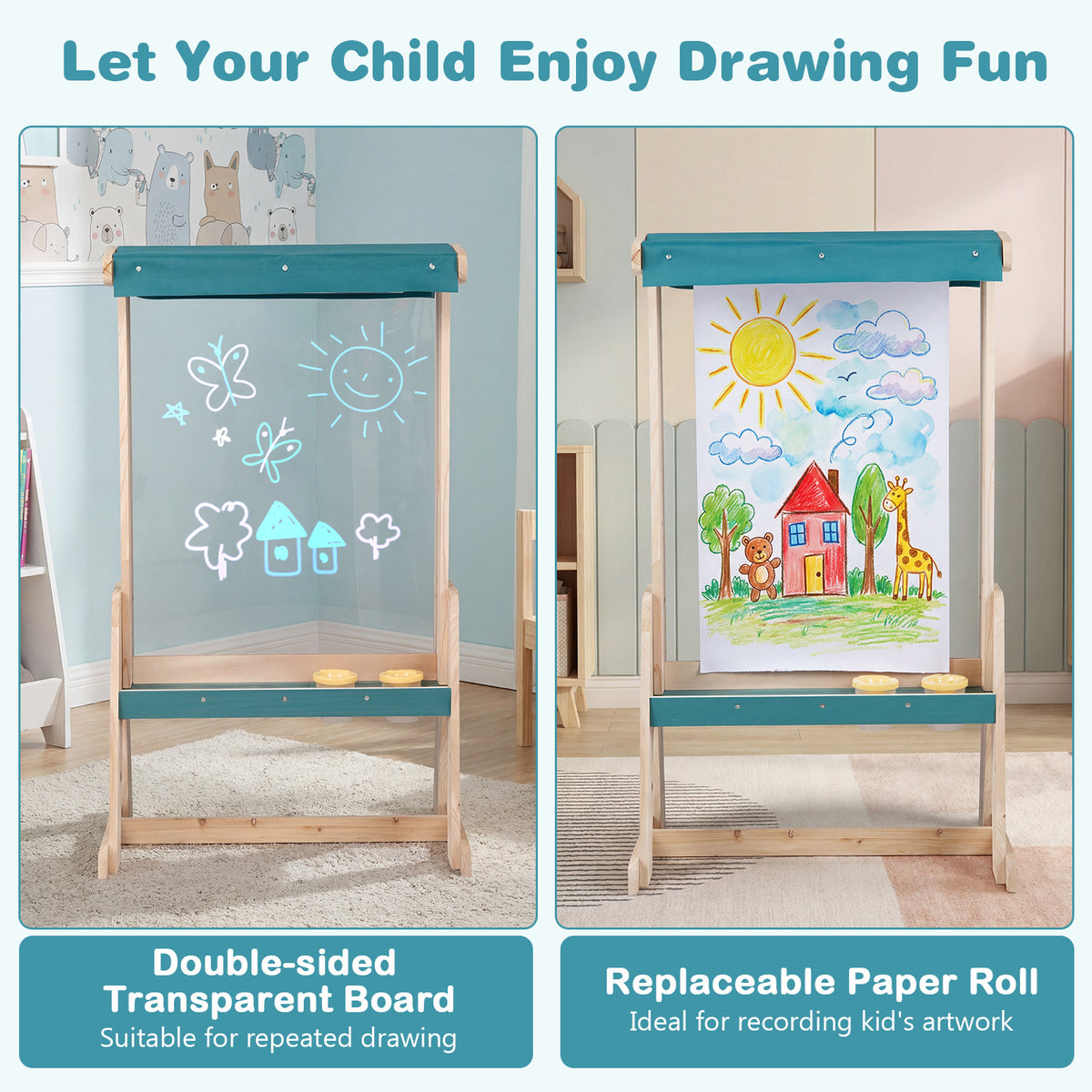 Wooden Art Easel for Kids, Double-sided Kids Easel with Transparent Board & Paper Roll