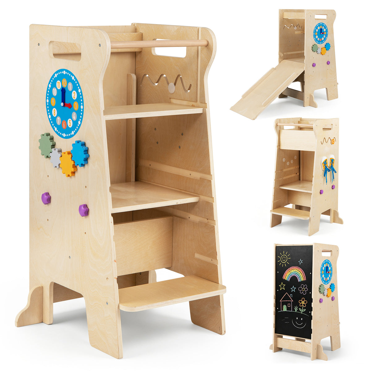 4-in-1 Toddler Tower with Chalkboard, Slide, Montessori Games