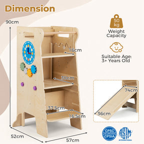 4-in-1 Toddler Tower with Chalkboard, Slide, Montessori Games