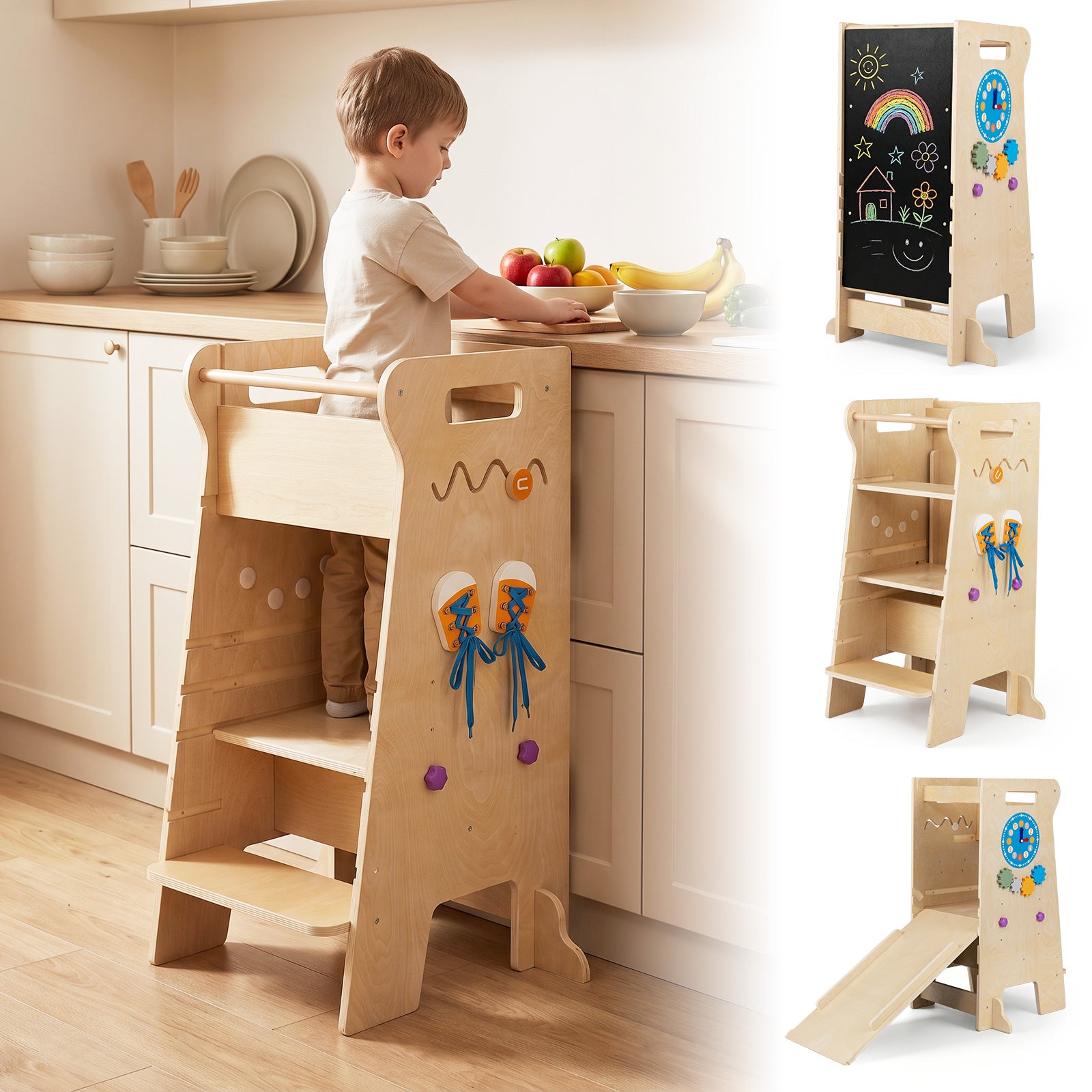 4-in-1 Toddler Tower with Chalkboard, Slide, Montessori Games
