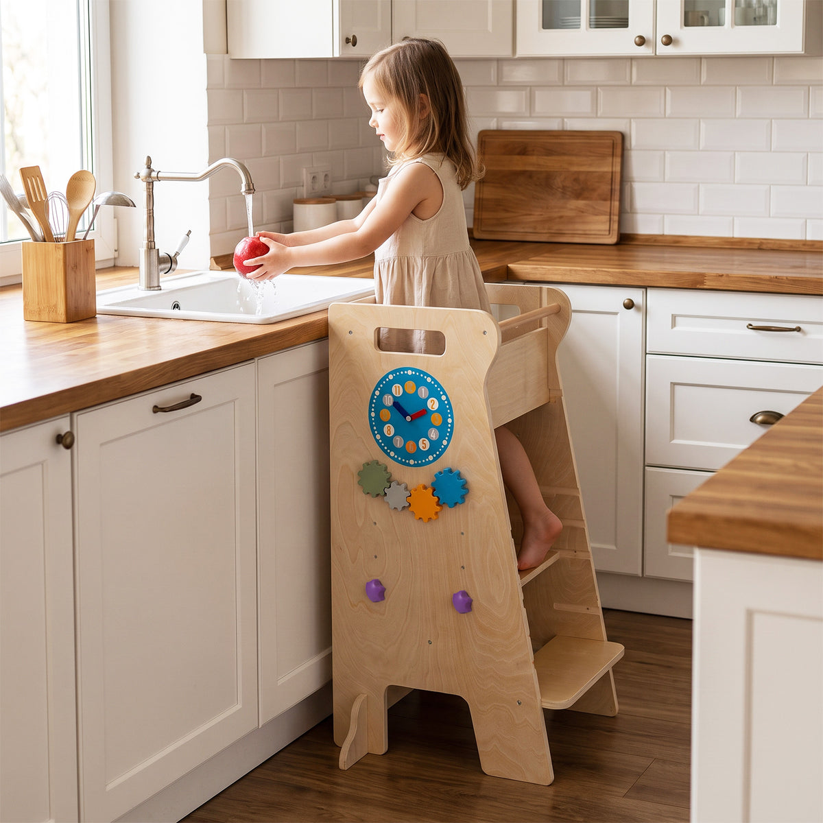 4-in-1 Toddler Tower with Chalkboard, Slide, Montessori Games