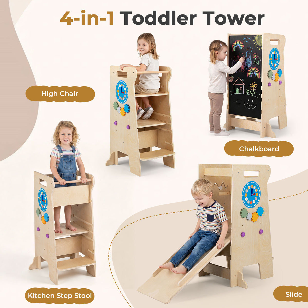 4-in-1 Toddler Tower with Chalkboard, Slide, Montessori Games
