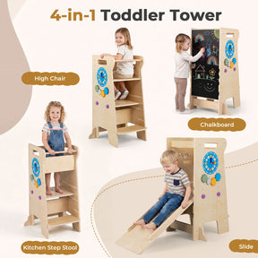 4-in-1 Toddler Tower with Chalkboard, Slide, Montessori Games