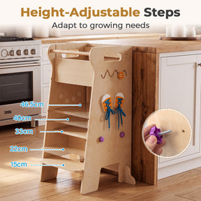 4-in-1 Toddler Tower with Chalkboard, Slide, Montessori Games