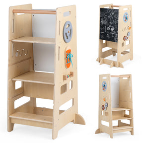 Toddler Standing Tower w/ Adjustable Height & Blackboard, Natural