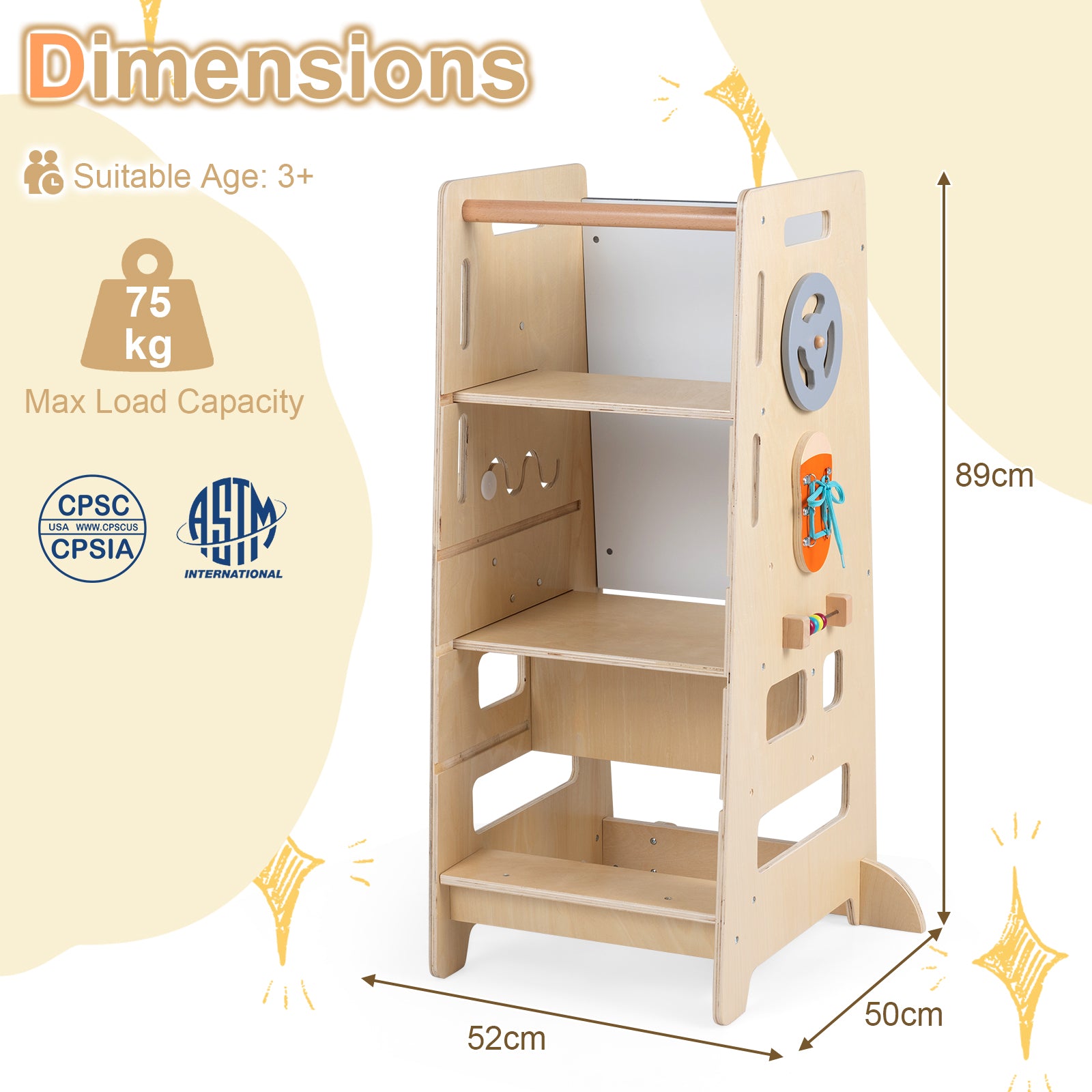 Toddler Standing Tower w/ Adjustable Height & Blackboard, Natural