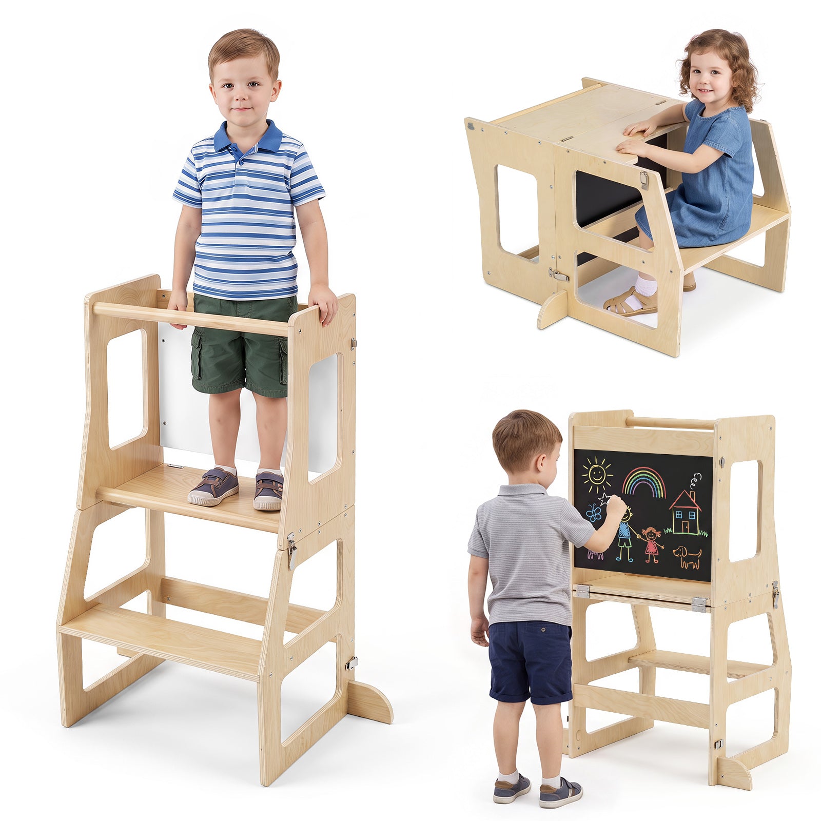 Toddler Standing Tower w/ Blackboard, Natural