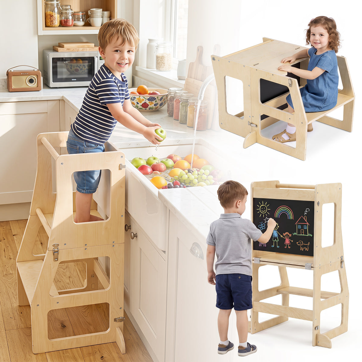 Toddler Standing Tower w/ Blackboard, Natural