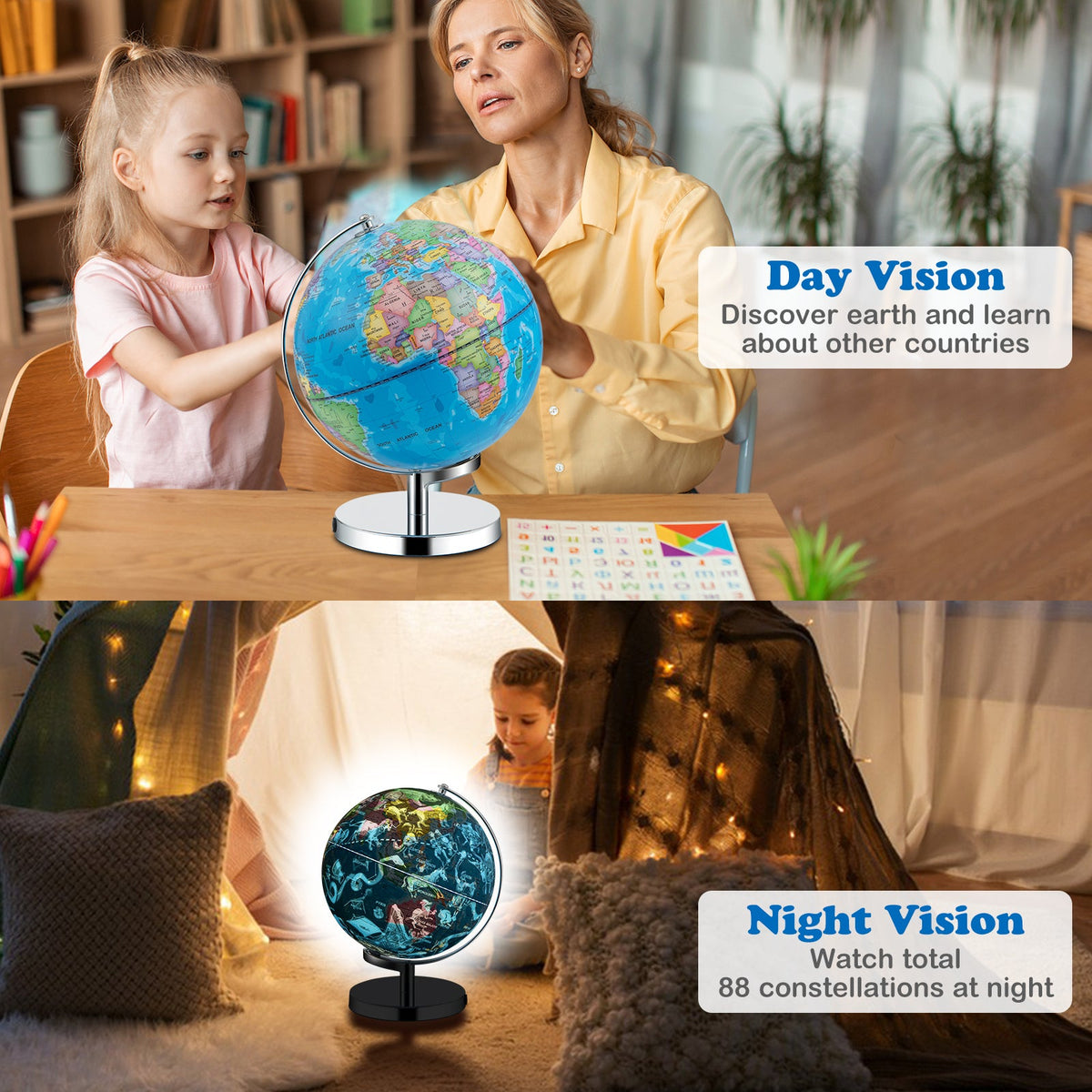 World Globe, 3-in-1 Desktop Spinning Earth w/ Illuminated Constellation Maps