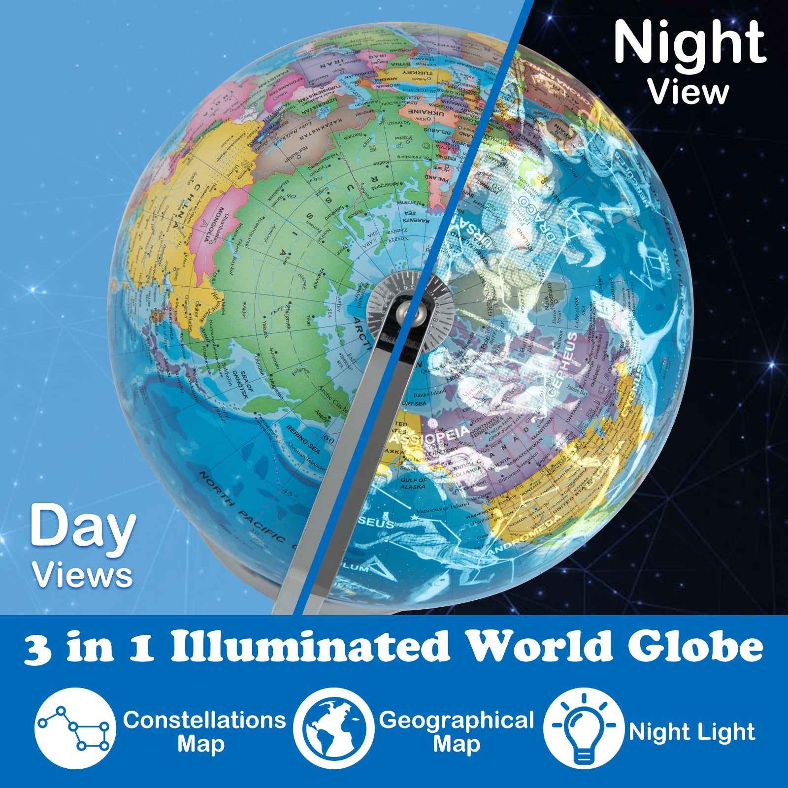 World Globe, 3-in-1 Desktop Spinning Earth w/ Illuminated Constellation Maps