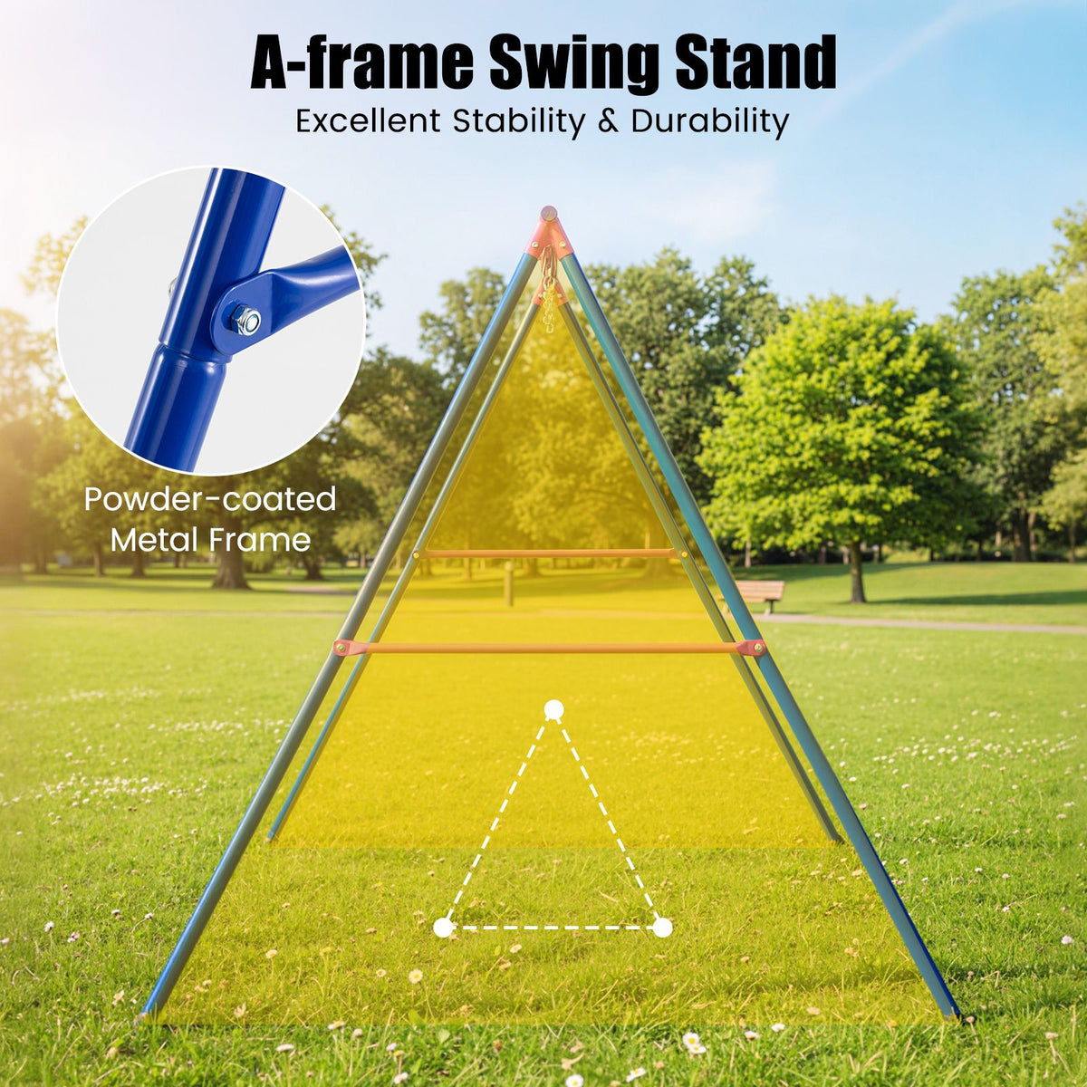 A-Frame Swing Stand for 2 Swings, 300kg Heavy Duty Metal Swing Set w/ Ground Stakes