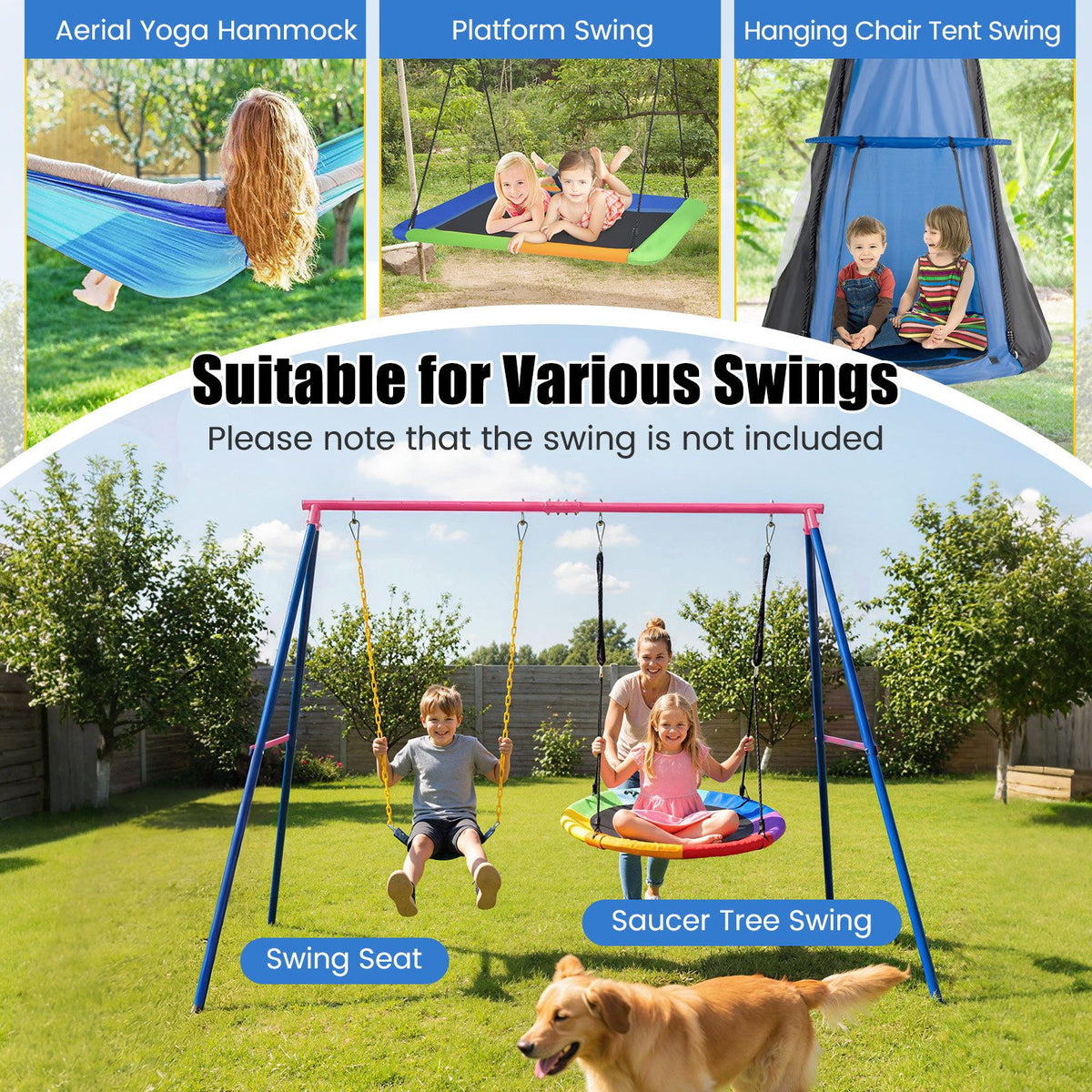 A-Frame Swing Stand for 2 Swings, 300kg Heavy Duty Metal Swing Set w/ Ground Stakes