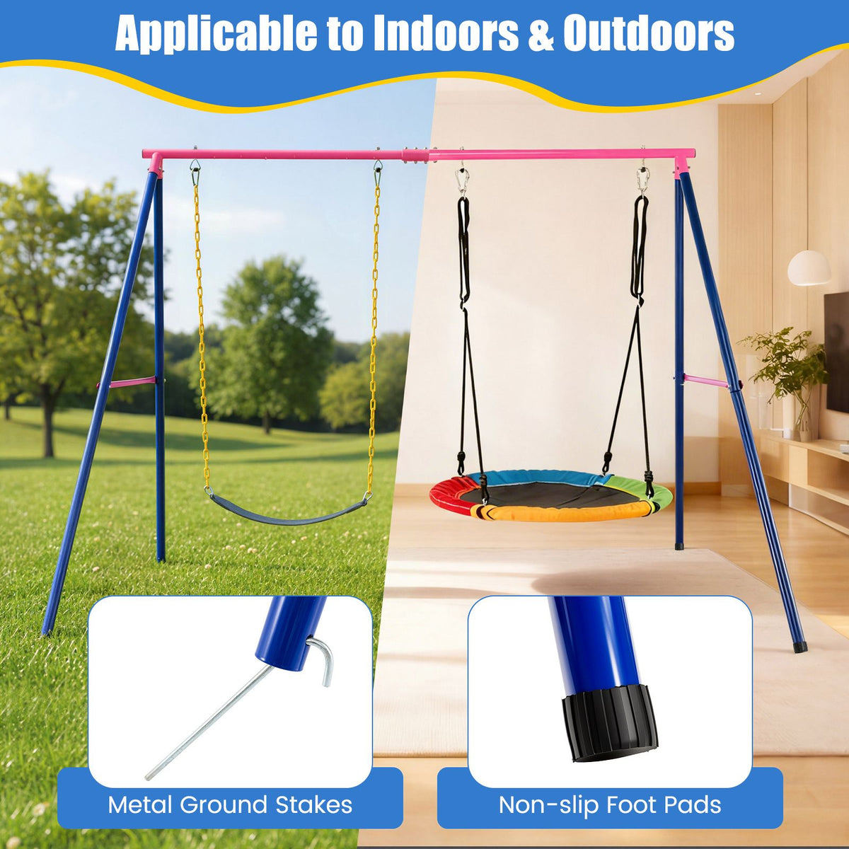 A-Frame Swing Stand for 2 Swings, 300kg Heavy Duty Metal Swing Set w/ Ground Stakes