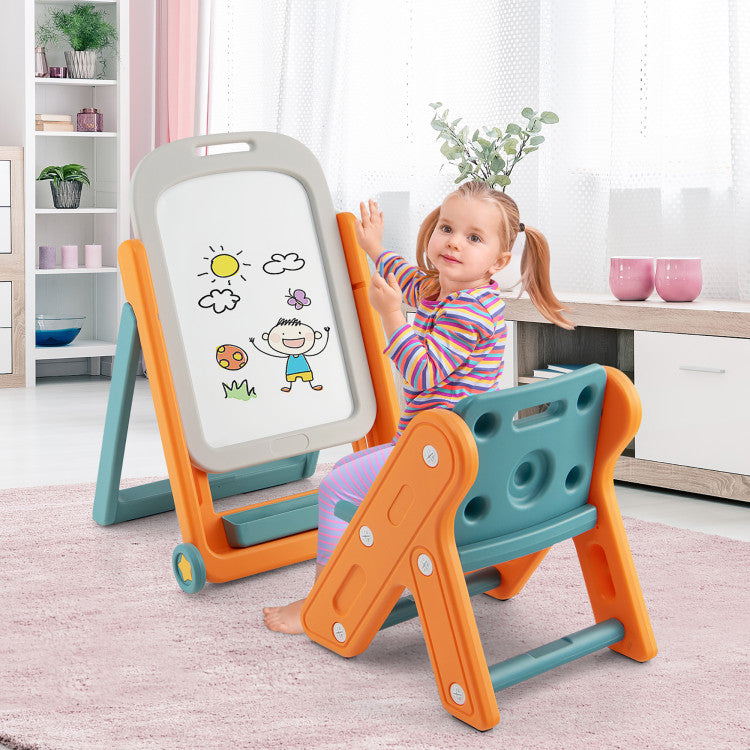 Height Adjustable and Foldable Kids  Art Easel Set with Chair and Wheels