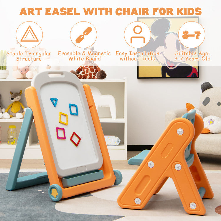Height Adjustable and Foldable Kids  Art Easel Set with Chair and Wheels