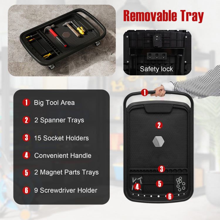 2-in-1 Rolling Tool Tray Height Adjustable Work Table with Detachable Part Tray