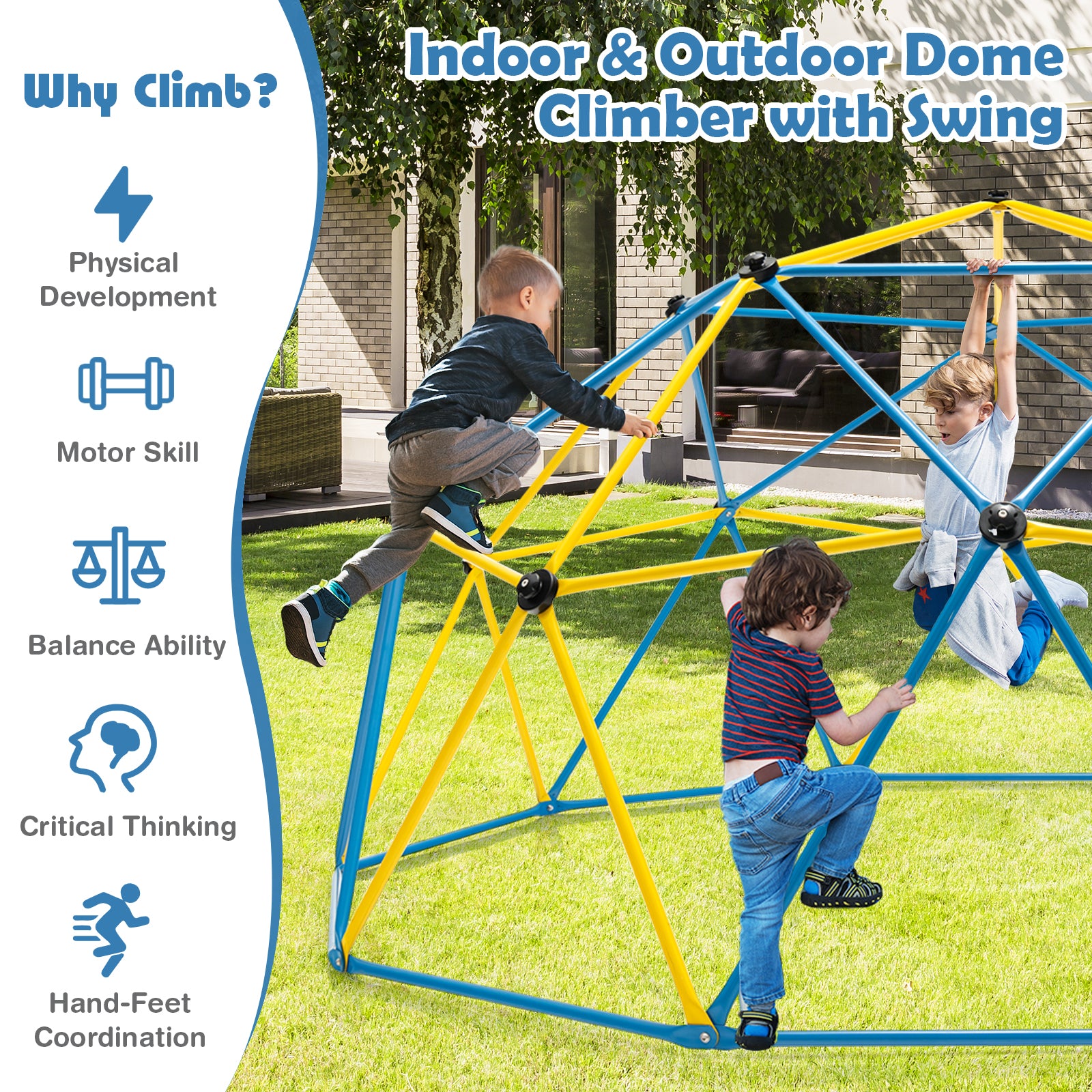 10 Feet Dome Climber with Swing and 800 Lbs Load Capacity for Outdoor and Indoor