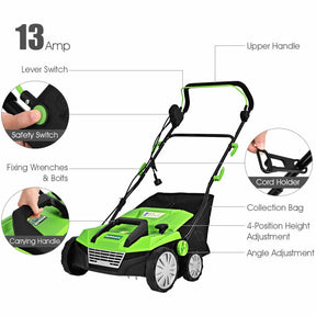 15 Inch 13 Amp Electric Scarifier with Collection Bag and 4 Adjustable Height