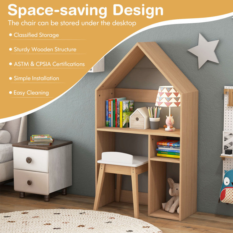 2-in-1 Kids House-Shaped Reading Studying Table and Chair Set with Anti-toppling Device