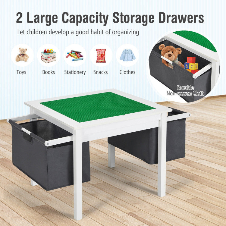 2-in-1 Kids Study Writing Building Block Table with Drawers and Double-sided Board