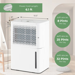 2000 Sq. Ft 32 Pint Dehumidifier with Continuous/Drying/Auto Mode and Water Full Auto Shut Off