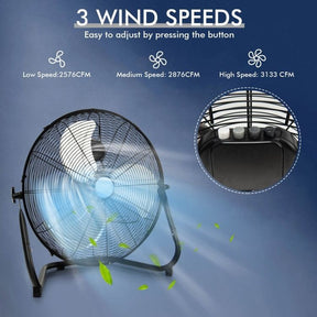 Hikidspace 20 Inch High Force Floor Fan with 3 Speeds for Garages and Factories