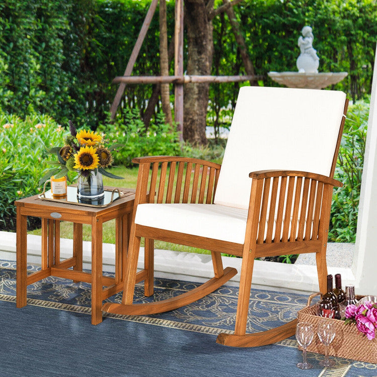 2 Pieces Acacia Wood Patio Rocking Chair Table Set for Patio and Poolside