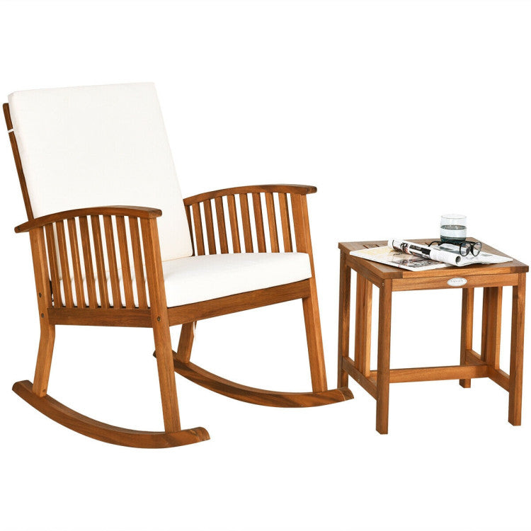 2 Pieces Acacia Wood Patio Rocking Chair Table Set for Patio and Poolside