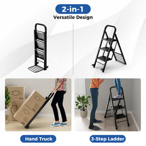 2 in 1 Folding Hand Truck and Ladder Combo with Rubber Wheels and Handle