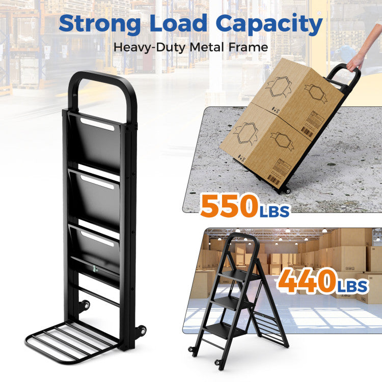 2 in 1 Folding Hand Truck and Ladder Combo with Rubber Wheels and Handle