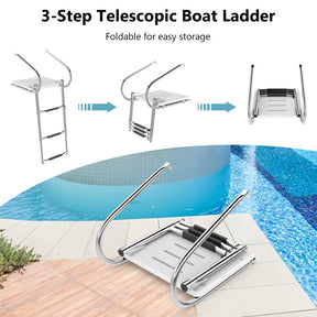 3-Step Folding Telescoping Boat Ladder with Anti-Slip Pedals and Handrails