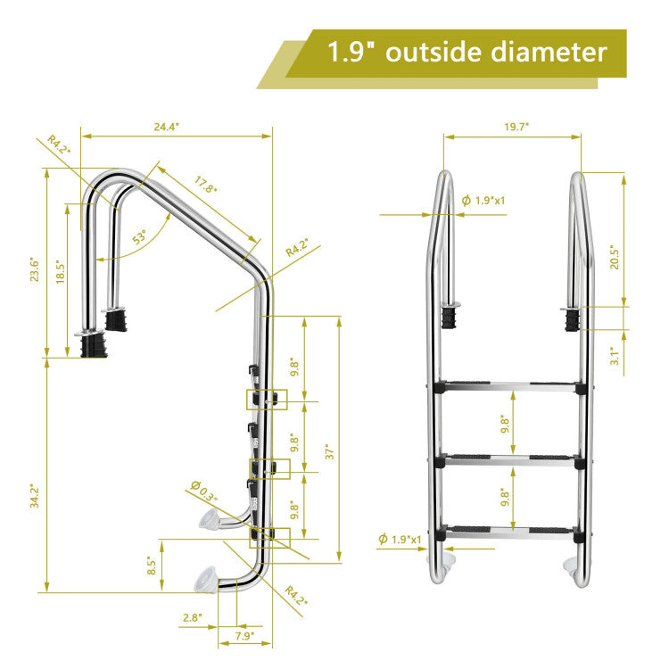3-Step Stainless Steel Swimming Pool Ladder with Anti-Slip Footsteps
