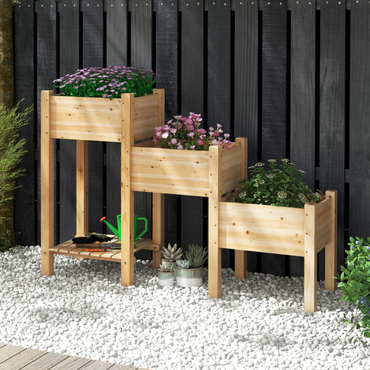 3-Tier Wooden Raised Garden Bed with Open Storage Shelf