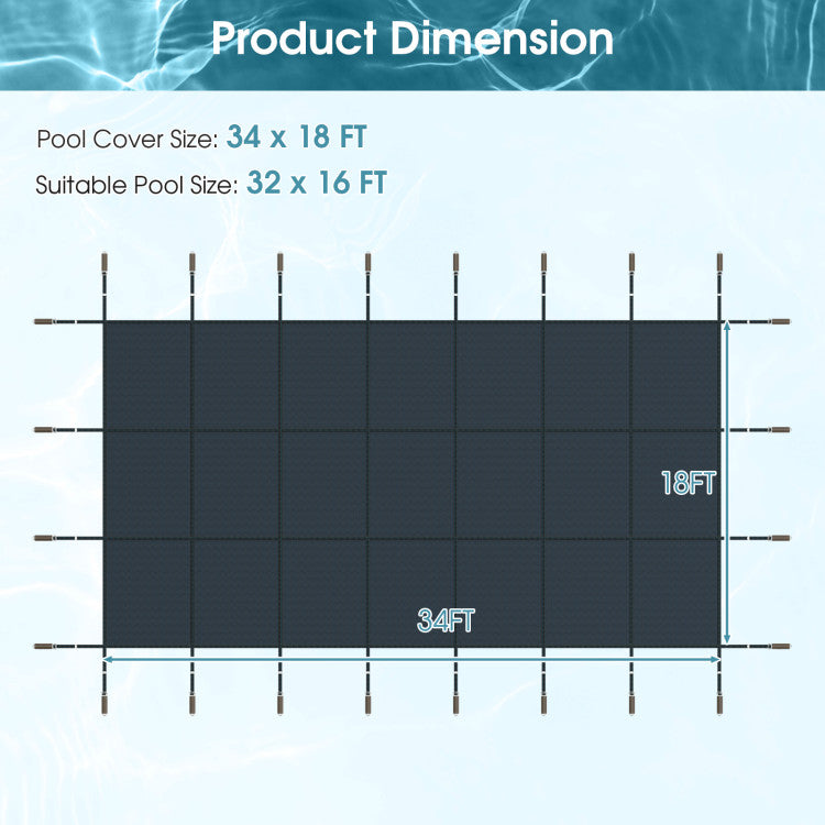 34 x 18 Feet Safety Pool Cover Fits 32 x16 Feet Inground Swimming Pools with Accessories