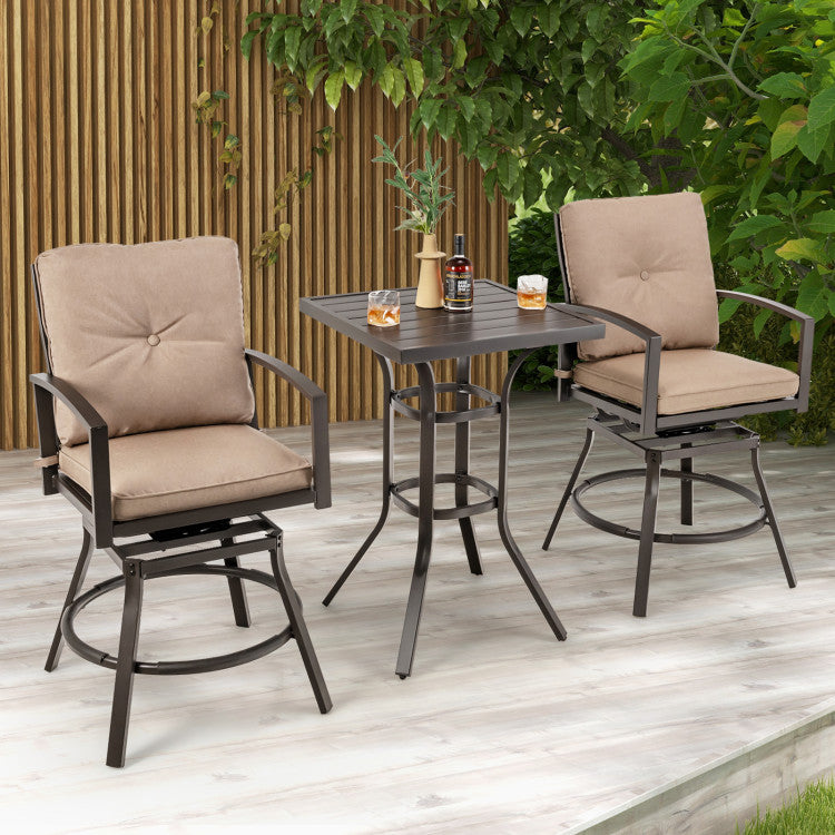 3 Pieces Outdoor Patio Swivel Bar Table Set with Removable Cushions