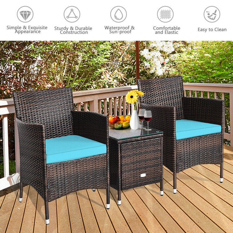 3 Pieces Rattan Coffee Table Chair Set Wicker Patio Conversation Set with Cushions
