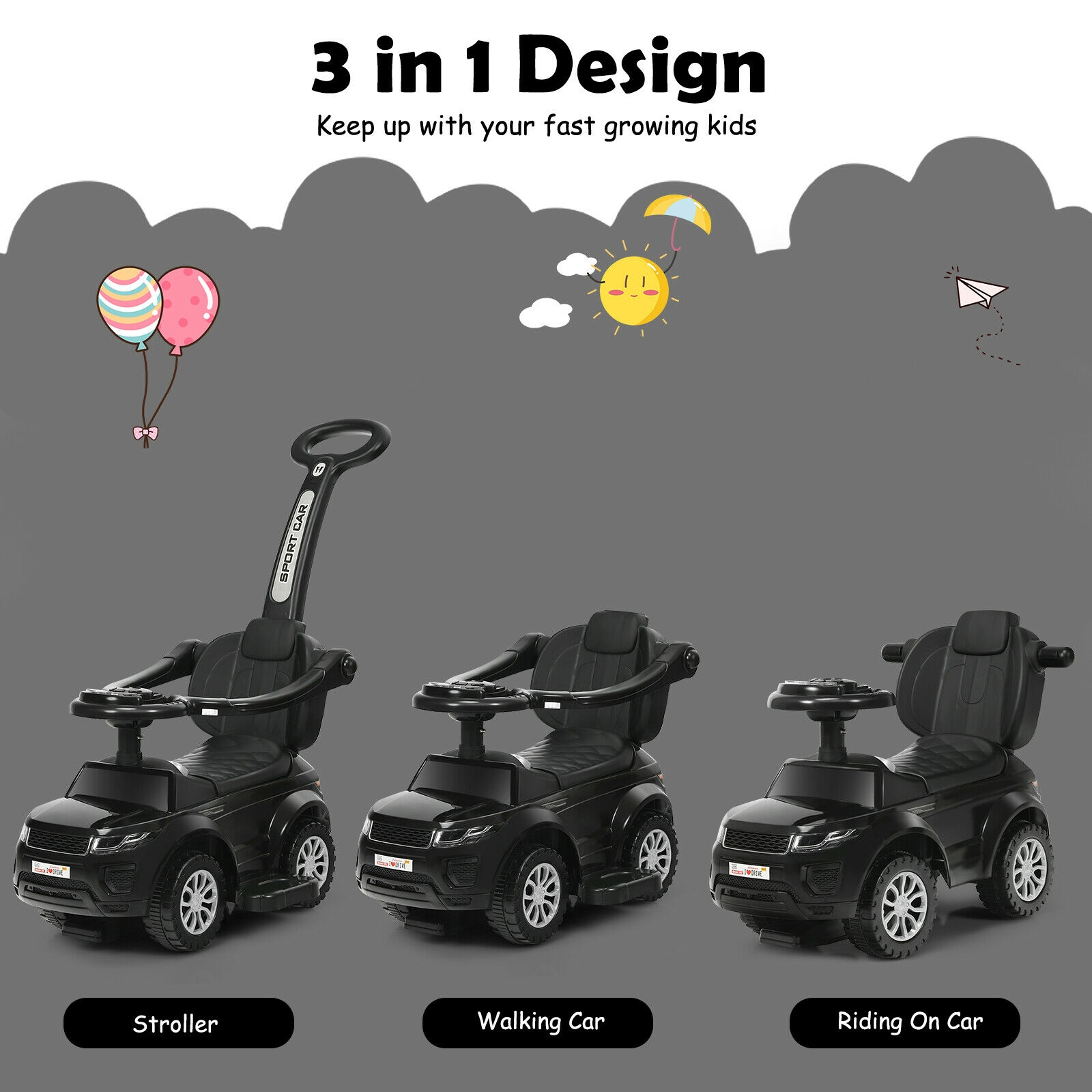 3 in 1 Ride on Push Car Toddler Stroller with  Storage Space
