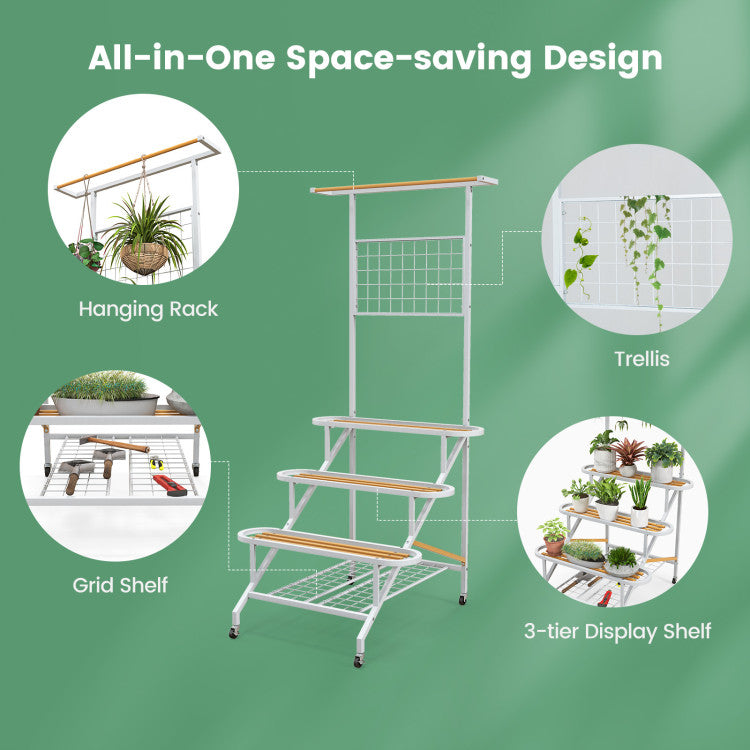 4-Tier Hanging Garden Plant Stand with Lockable Wheels