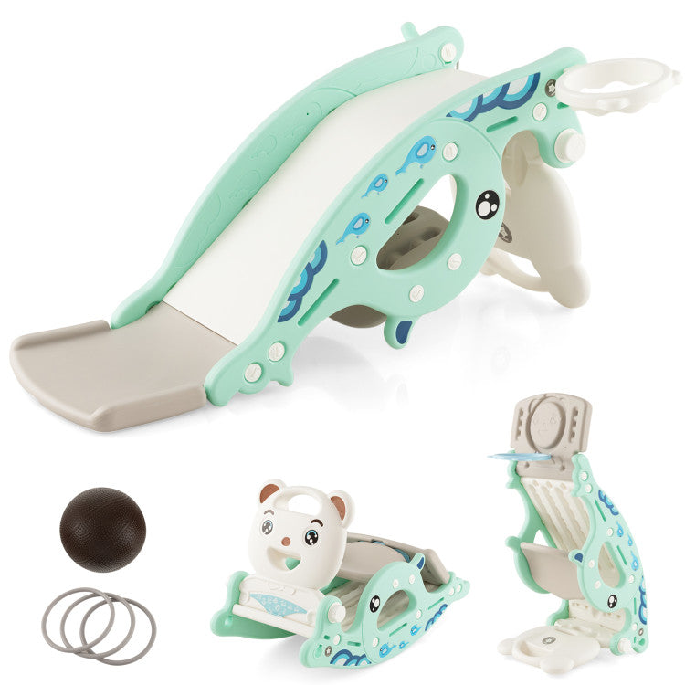 4-in-1 Kids Slide Rocking Horse with Basketball and Ring Toss for Indoor and Outdoor