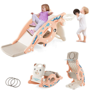 4-in-1 Kids Slide Rocking Horse with Basketball and Ring Toss for Indoor and Outdoor